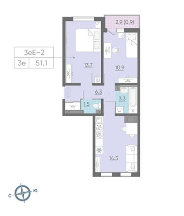 Двухкомнатная квартира 51.1 м²
