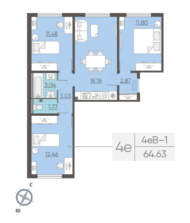Трёхкомнатная квартира 64.63 м²