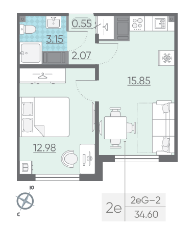 Однокомнатная квартира 34.6 м²