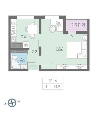 Однокомнатная квартира 31.9 м²