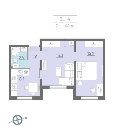 Двухкомнатная квартира 40.4 м²