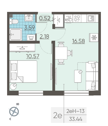 Однокомнатная квартира 33.44 м²