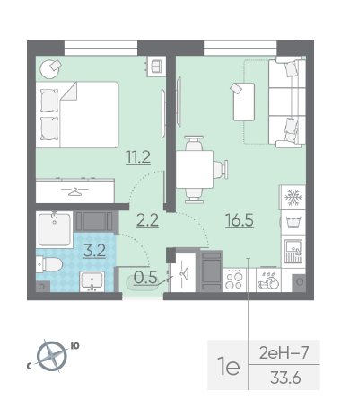 Однокомнатная квартира 33.6 м²