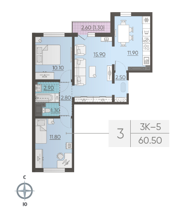 Трёхкомнатная квартира 60.5 м²