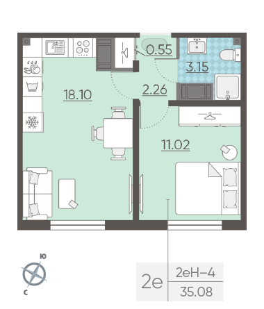 Однокомнатная квартира 35.08 м²