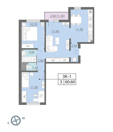 Трёхкомнатная квартира 60.6 м²