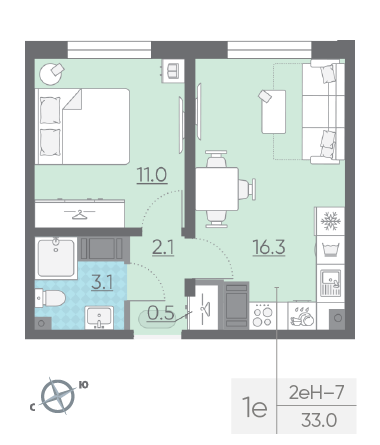 Однокомнатная квартира 33 м²
