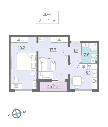 Двухкомнатная квартира 41.6 м²