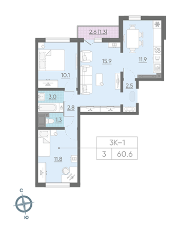 Трёхкомнатная квартира 60.6 м²