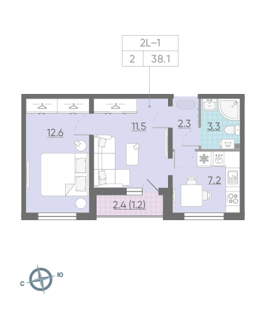 Двухкомнатная квартира 38.1 м²