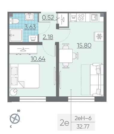 Однокомнатная квартира 32.77 м²