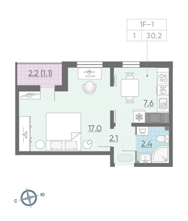 Однокомнатная квартира 30.2 м²