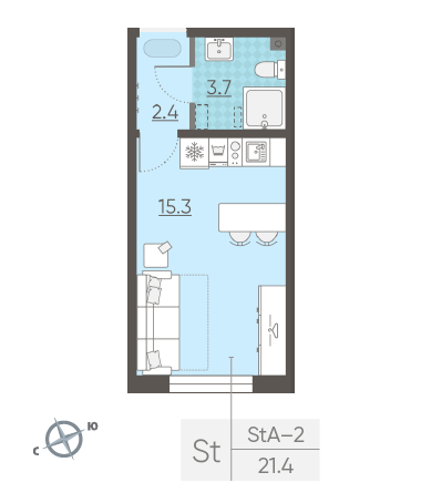 Студия 21.4 м²