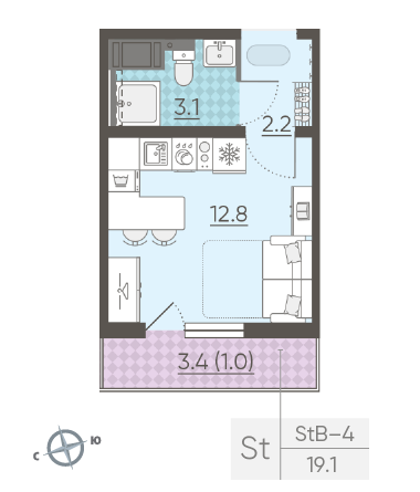 Студия 19.1 м²