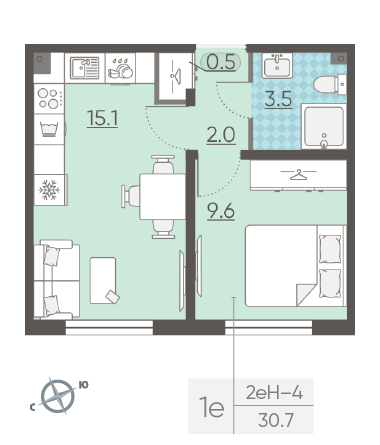 Однокомнатная квартира 30.7 м²