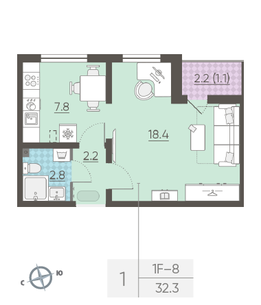 Однокомнатная квартира 32.3 м²