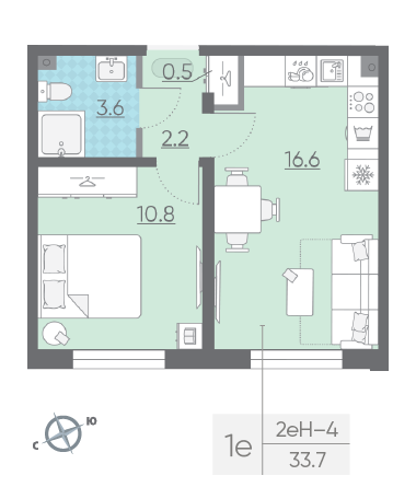 Однокомнатная квартира 33.7 м²