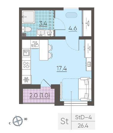 Студия 26.4 м²