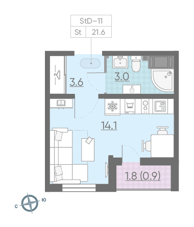 Студия 21.6 м²