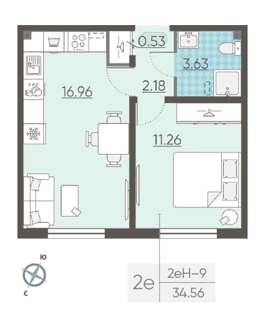 Однокомнатная квартира 34.56 м²