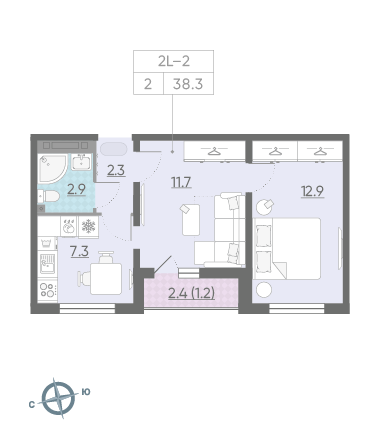 Двухкомнатная квартира 38.3 м²