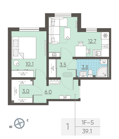 Однокомнатная квартира 39.1 м²