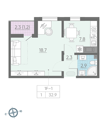 Однокомнатная квартира 32.9 м²