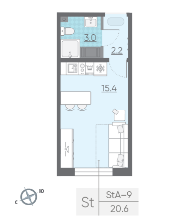 Студия 20.6 м²