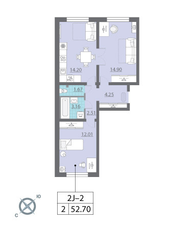 Двухкомнатная квартира 52.7 м²