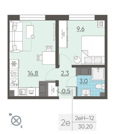 Однокомнатная квартира 30.2 м²