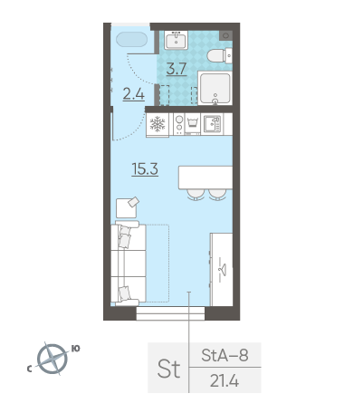 Студия 21.4 м²