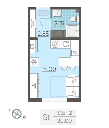 Студия 20 м²