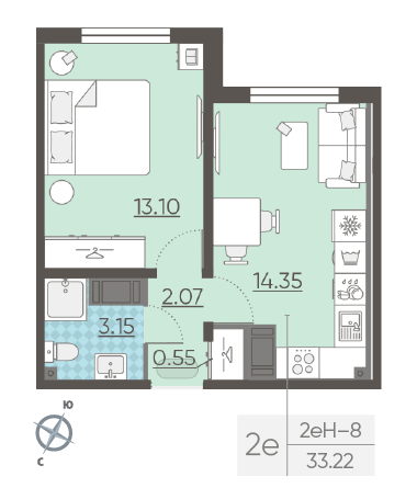 Однокомнатная квартира 33.22 м²