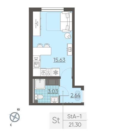Студия 21.3 м²