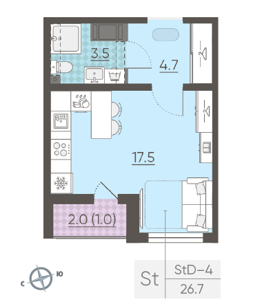 Студия 26.7 м²