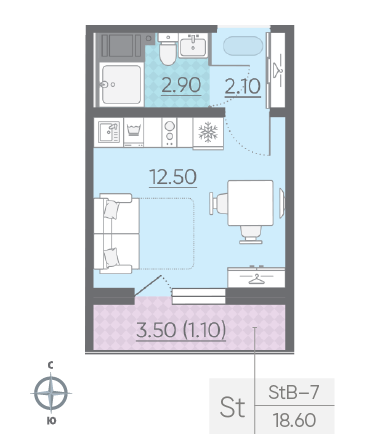 Студия 18.6 м²