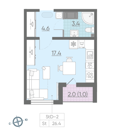 Студия 26.4 м²