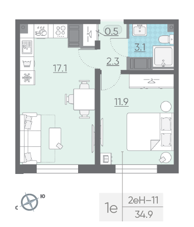 Однокомнатная квартира 34.9 м²