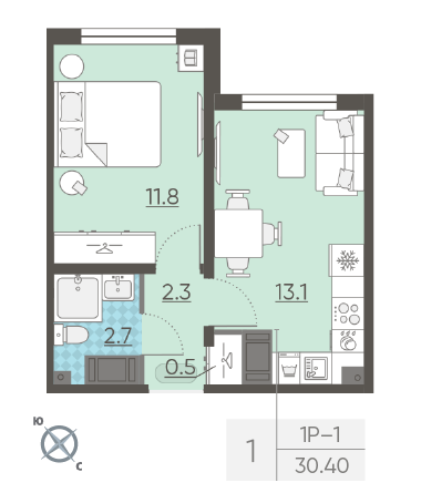 Однокомнатная квартира 30.4 м²