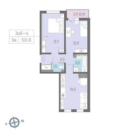 Двухкомнатная квартира 50.8 м²
