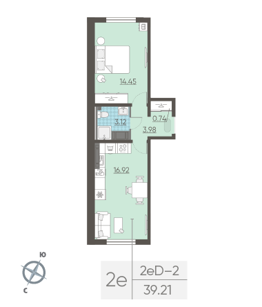 Однокомнатная квартира 39.21 м²