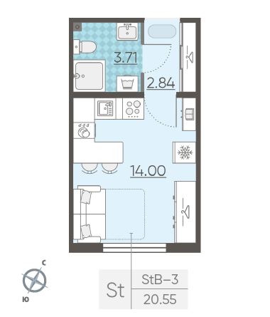 Студия 20.55 м²