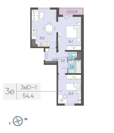 Двухкомнатная квартира 54.4 м²