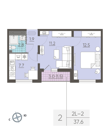 Двухкомнатная квартира 37.6 м²