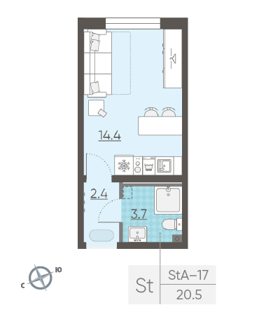 Студия 20.5 м²