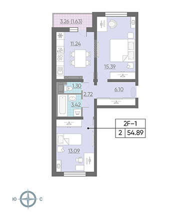 Двухкомнатная квартира 54.7 м²
