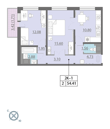 Двухкомнатная квартира 53 м²