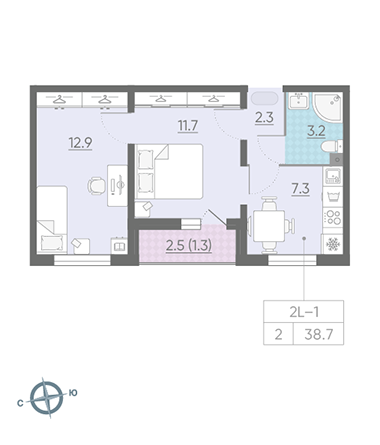 Двухкомнатная квартира 38.7 м²