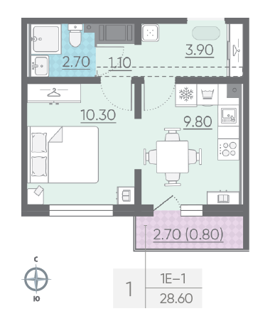 Однокомнатная квартира 28.6 м²