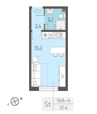 Студия 21.4 м²